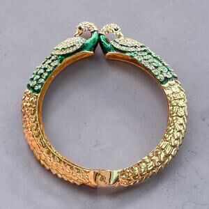 Gold Tone Green Enamel Rhinestone Dual Peacock Clamper Bangle Bracelet